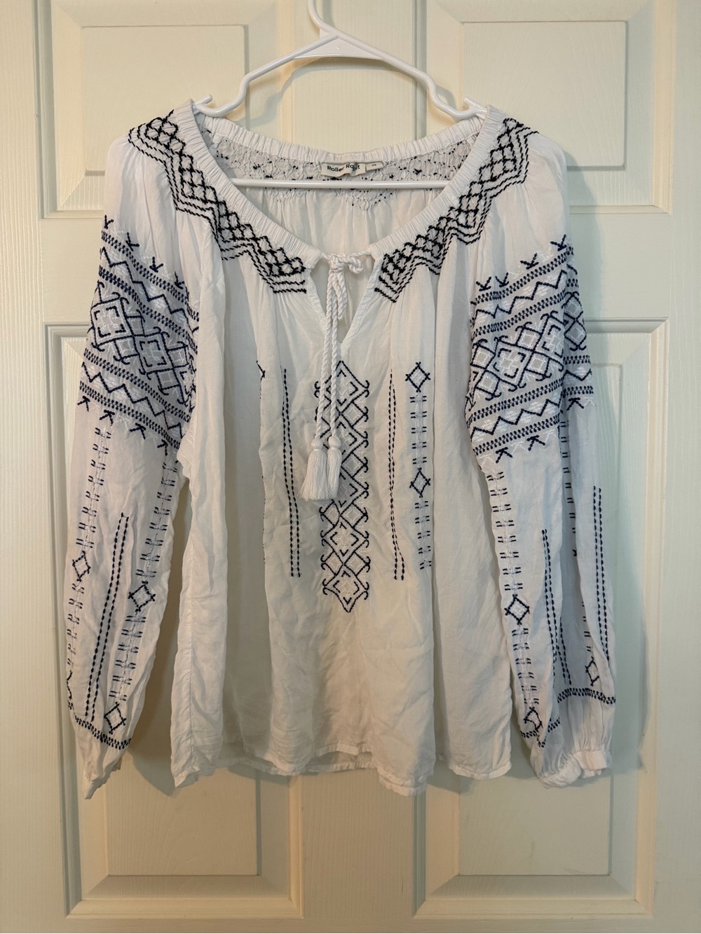 Roller Rabbit White and Black Geometric Embroidered Peasant Blouse - size XS